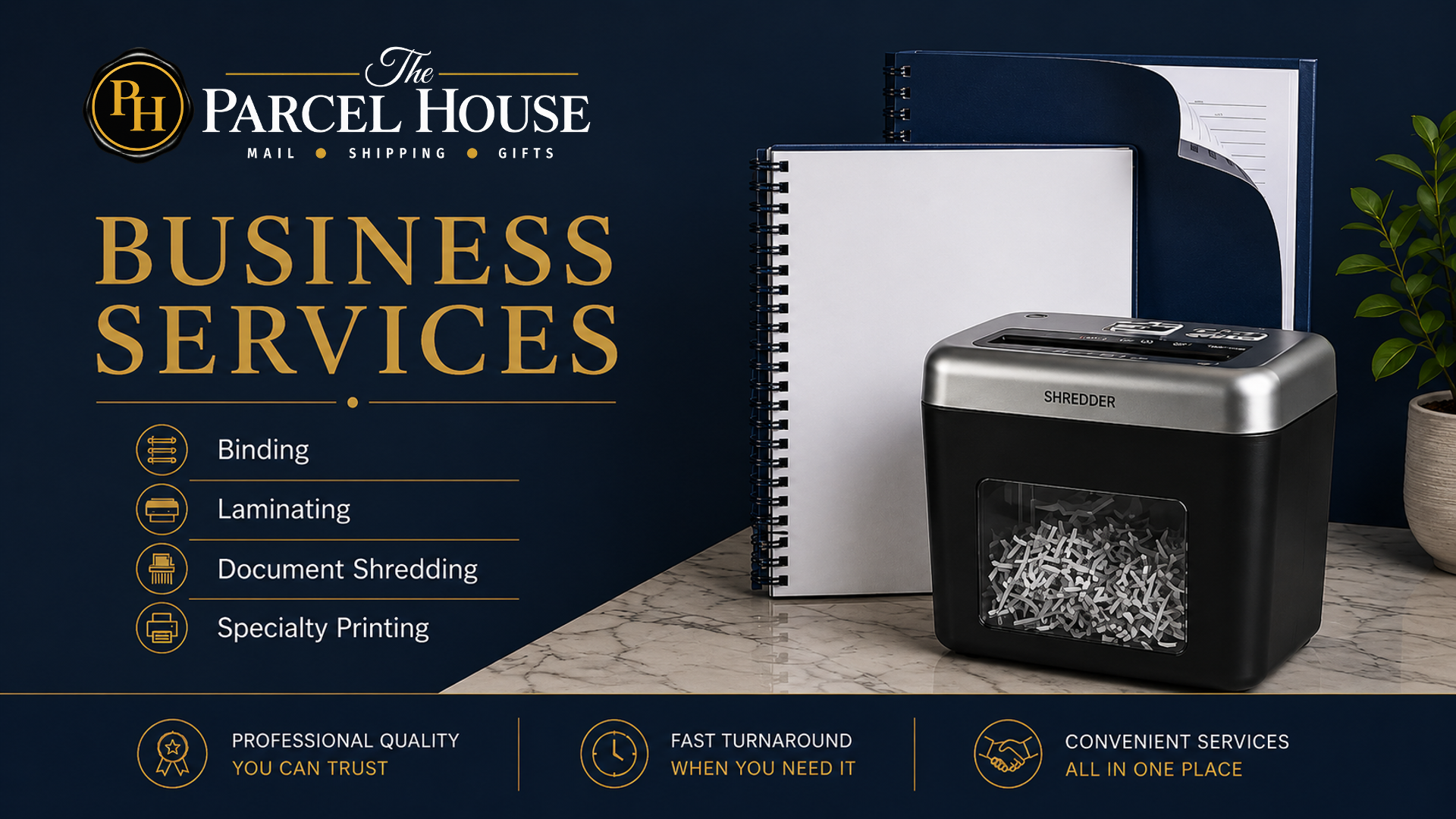 Business services. Binding, laminating, document shredding, specialty printing.